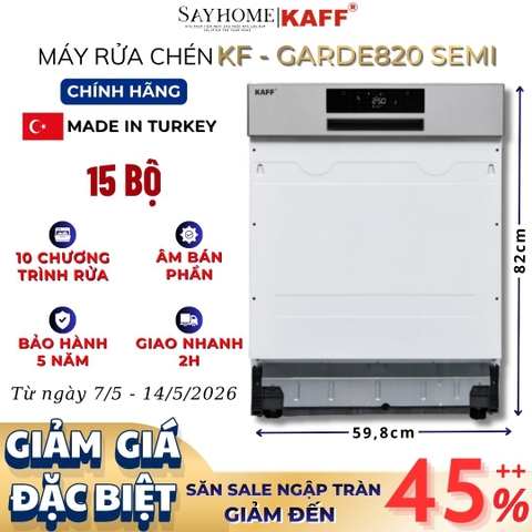 Máy rửa chén KAFF KF-GARDE820 SEMI âm bán phần 15 bộ đồ ăn Châu Âu - Hàng chính hãng