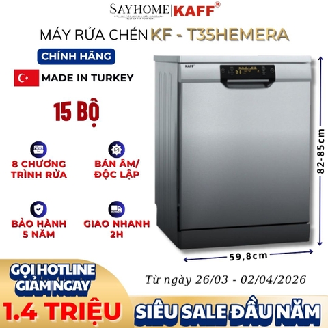 Máy rửa chén bát KAFF KF-T35HEMERA bán âm, độc lập 15 bộ đồ ăn Châu Âu - Bảo hành chính hãng 5 năm