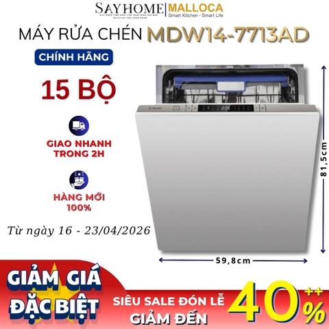 Máy rửa chén MALLOCA MDW14-7713AD âm tủ hoàn toàn 15 bộ chén dĩa - Hàng chính hãng