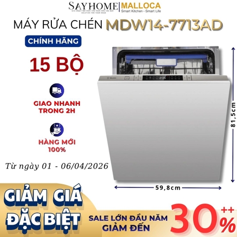 Máy rửa chén MALLOCA MDW14-7713AD âm tủ hoàn toàn 15 bộ chén dĩa - Hàng chính hãng
