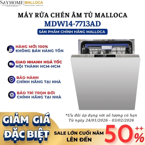 Máy rửa chén MALLOCA MDW14-7713AD âm tủ hoàn toàn 15 bộ chén dĩa - Hàng chính hãng