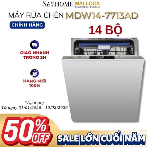 Máy rửa chén MALLOCA MDW14-7713AD âm tủ hoàn toàn 15 bộ chén dĩa - Hàng chính hãng