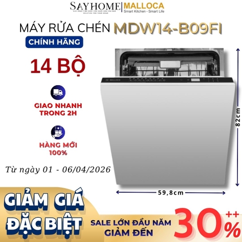 Máy rửa chén MALLOCA MDW14-B09FI  âm tủ 14 bộ chén dĩa - Hàng chính hãng