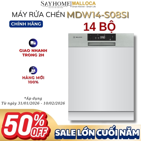 Máy rửa chén MALLOCA MDW14-S08SI âm tủ 14 bộ chén dĩa - Hàng chính hãng