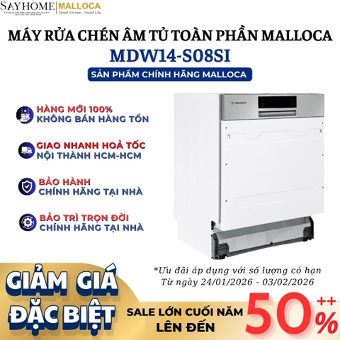 Máy rửa chén MALLOCA MDW14-S08SI âm tủ 14 bộ chén dĩa - Hàng chính hãng