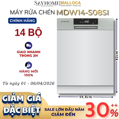 Máy rửa chén MALLOCA MDW14-S08SI âm tủ 14 bộ chén dĩa - Hàng chính hãng