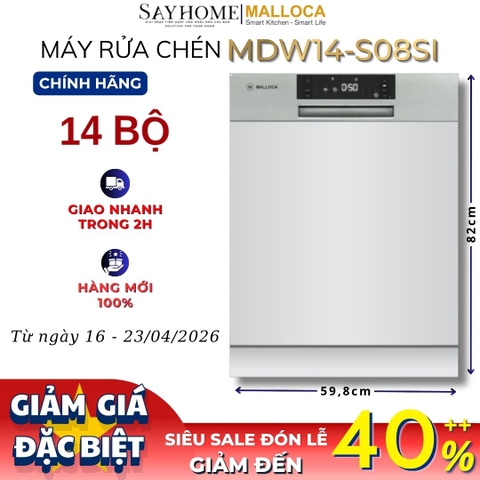 Máy rửa chén MALLOCA MDW14-S08SI âm tủ 14 bộ chén dĩa - Hàng chính hãng