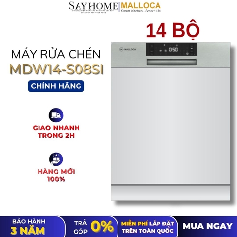 Máy rửa chén MALLOCA MDW14-S08SI âm tủ 14 bộ chén dĩa - Hàng chính hãng