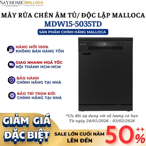 Máy rửa chén MALLOCA MDW15-5035TD đứng độc lập hoăc lắp âm tủ 15 bộ chén dĩa - Hàng chính hãng