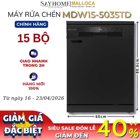 Máy rửa chén MALLOCA MDW15-5035TD đứng độc lập hoăc lắp âm tủ 15 bộ chén dĩa - Hàng chính hãng