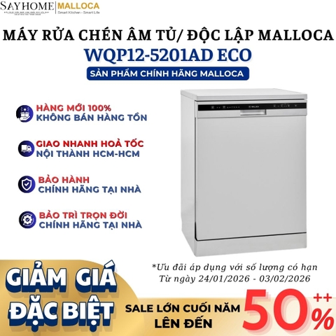 Máy rửa chén MALLOCA WQP12-5201AD ECO đứng độc lập 12 bộ chén dĩa - Hàng chính hãng