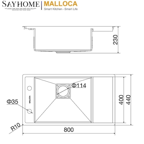 Chậu rửa chén bát 1 hố inox 304 MALLOCA MS 6303 WST - Chính hãng