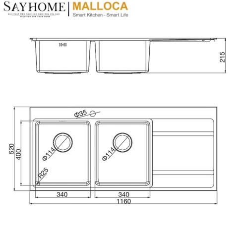 Chậu rửa chén bát 2 hố inox 304 MALLOCA MS 7818 ECO - Chính hãng