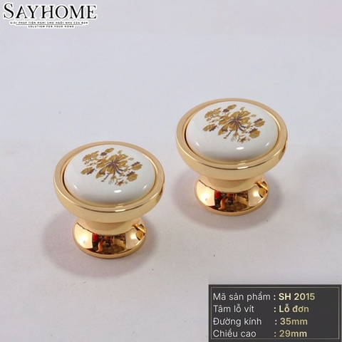 Núm tủ tân cổ điển vintage màu vàng gold mặt sứ trắng hoa văn SH2015