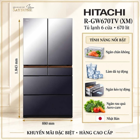 Tủ lạnh Multi Door 6 cánh màu xám khói Hitachi R-GW670TV (XM) 670 Lít - Hàng chính hãng