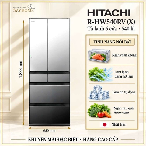 Tủ lạnh Multi Door 6 cánh gương pha lê Hitachi R-HW540RV (X) 540 Lít - Hàng chính hãng
