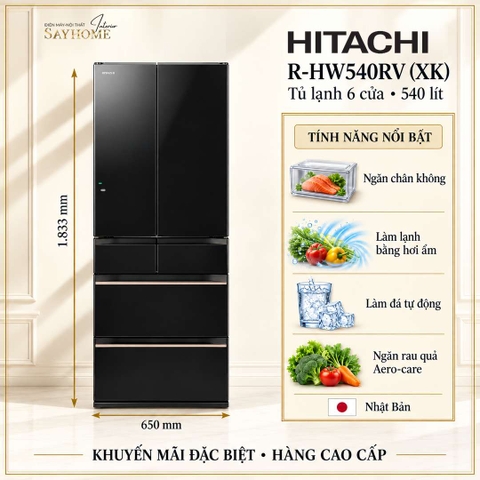 Tủ lạnh Multi Door 6 cánh đen pha lê Hitachi R-HW540RV (XK) 540 Lít - Hàng chính hãng