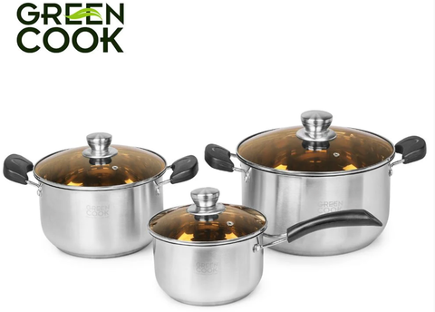 Bộ nồi inox 3 đáy Green Cook GCS08-T1 gồm 3 món (2 nồi 1 quánh) sử dụng được trên bếp từ