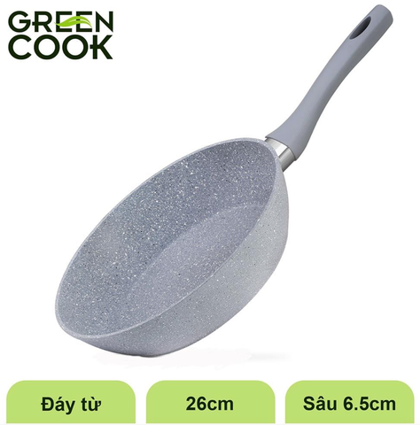 Chảo Green Cook GCP02-26IH sâu, đáy từ, vân đá, chống dính size 26 cm - Hàng chính hãng