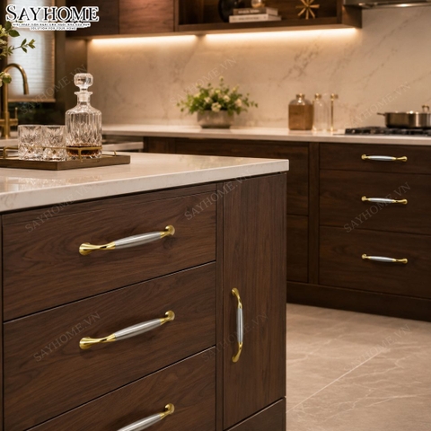 Tay nắm tủ hiện đại màu vàng 18k mặt inox SH5532