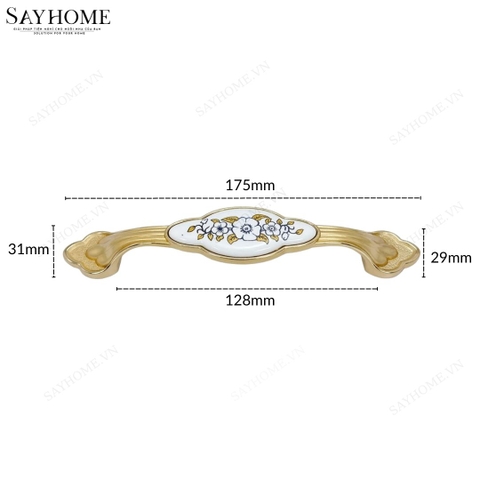 Tay nắm tủ tân cổ điển Vintage màu vàng gold mặt sứ trắng có hoa văn SH5807