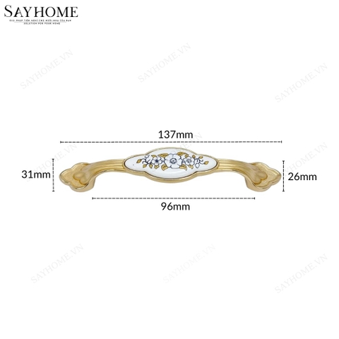 Tay nắm tủ tân cổ điển Vintage màu vàng gold mặt sứ trắng có hoa văn SH5807