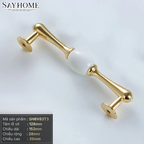 Tay nắm tủ tân cổ điển Vintage màu vàng gold mặt sứ trắng SH6V83T3 tại Tân Bình
