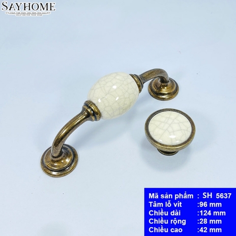 Tay nắm tủ tân cổ điển Vintage màu đồng mặt sứ trắng SH5637