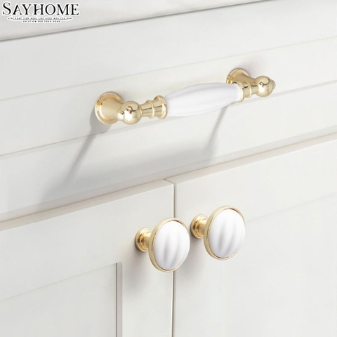 Tay nắm tủ tân cổ điển Vintage màu vàng mặt sứ trắng SH5651