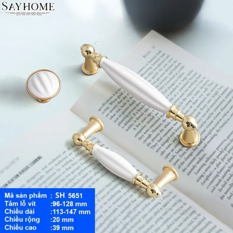 Tay nắm tủ tân cổ điển Vintage màu vàng mặt sứ trắng SH5651