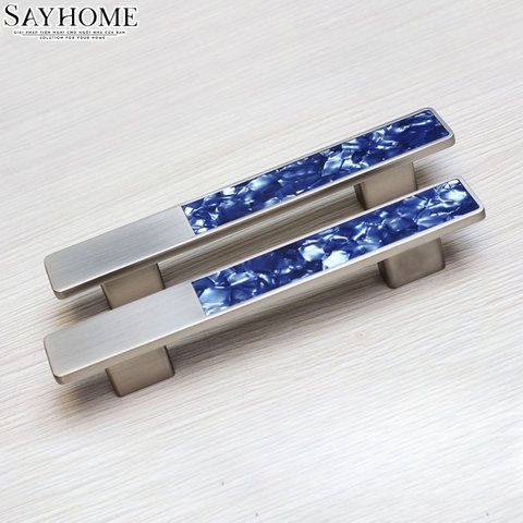 Tay nắm tủ hiện đại màu bạc khảm đá ngọc bích SH8971