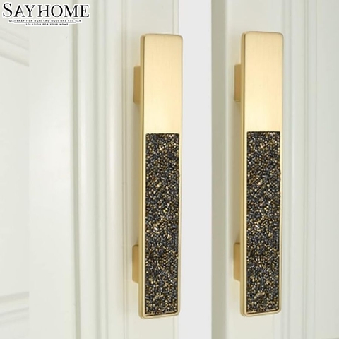 Tay nắm tủ hiện đại màu vàng gold khảm đá SH8971