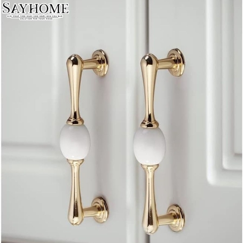 Tay nắm tủ tân cổ điển Vintage màu vàng gold mặt sứ trắng SH6833
