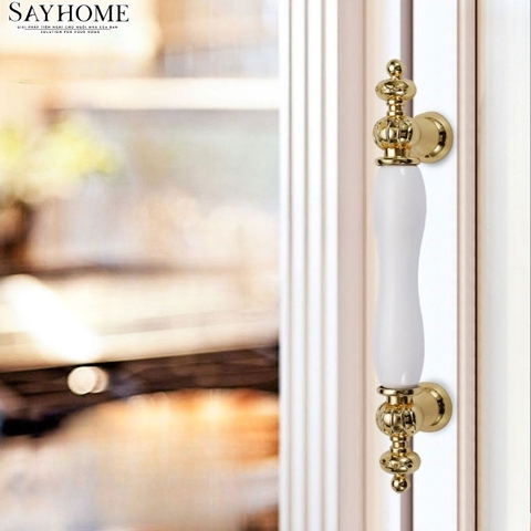 Tay nắm tân cổ điển Vintage màu vàng mặt sứ trắng SH2028