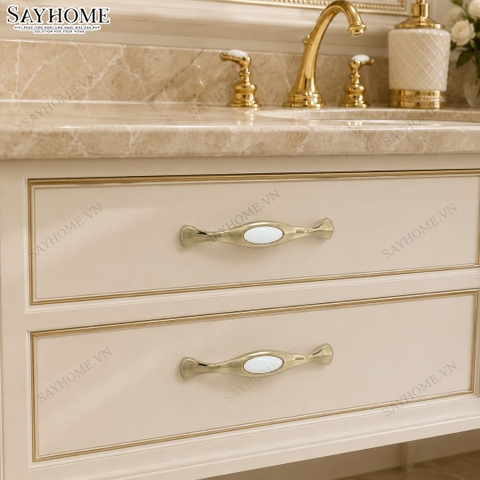 Tay nắm tủ tân cổ điển Vintage màu vàng gold mặt sứ trắng SH5588