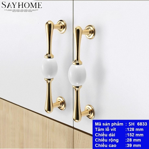 Tay nắm tủ tân cổ điển Vintage màu vàng gold mặt sứ trắng SH6833