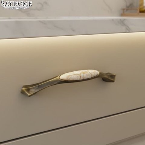 Tay nắm tủ tân cổ điển Vintage màu đồng mặt sứ SH9377
