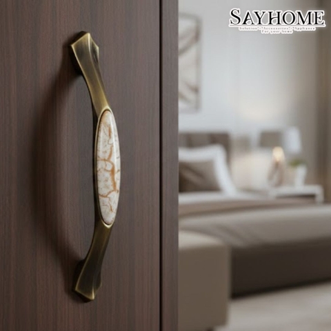 Tay nắm tủ tân cổ điển Vintage màu đồng mặt sứ SH9377