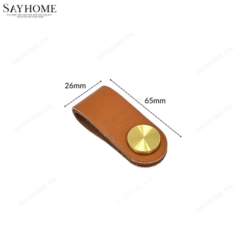 Tay nắm tủ hiện đại da bò màu nâu đính khuy vàng SH9660