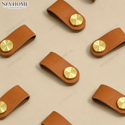 Tay nắm tủ hiện đại da bò màu nâu đính khuy vàng SH9660
