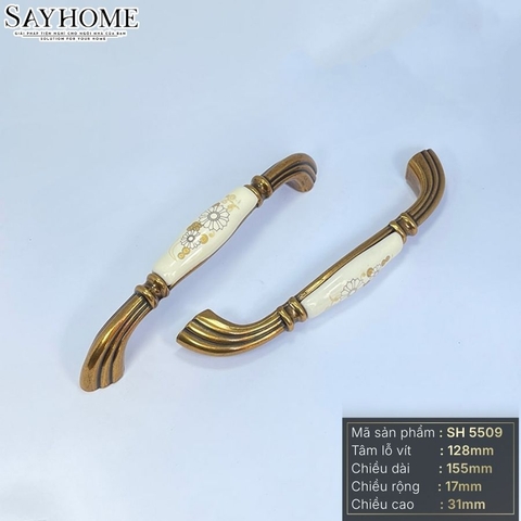 Tay nắm tủ tân cổ điển Vintage màu vàng đồng mặt sứ trắng SH5509