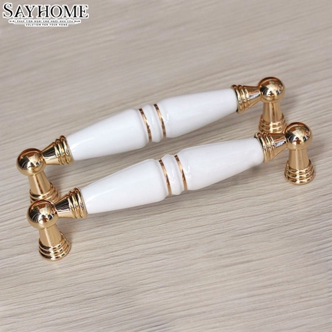 Tay nắm tủ tân cổ điển Vintage màu vàng mặt sứ trắng SH5536