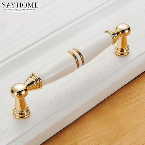 Tay nắm tủ tân cổ điển Vintage màu vàng mặt sứ trắng SH5536