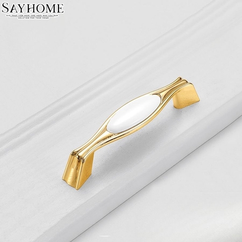 Tay nắm tủ tân cổ điển Vintage màu vàng gold mặt sứ trắng SH5583