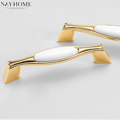 Tay nắm tủ tân cổ điển Vintage màu vàng gold mặt sứ trắng SH5583