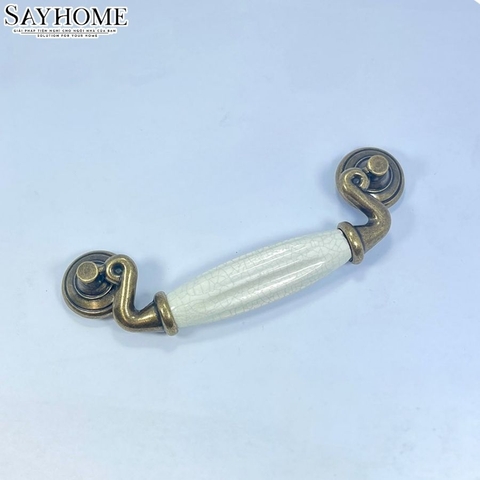 Tay nắm tủ tân cổ điển Vintage màu đồng mặt sứ trắng SH5744
