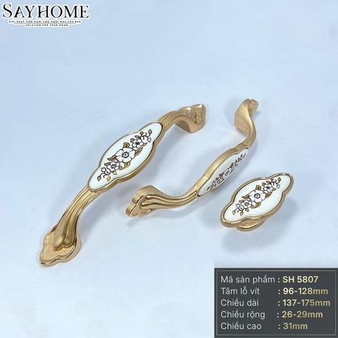 Tay nắm tủ tân cổ điển Vintage màu vàng gold mặt sứ trắng có hoa văn SH5807