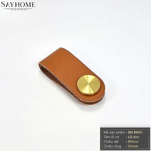 Tay nắm da bò màu nâu đính khuy vàng SH9660