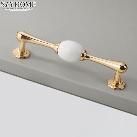 Tay nắm tủ tân cổ điển Vintage màu vàng gold mặt sứ trắng SH6833