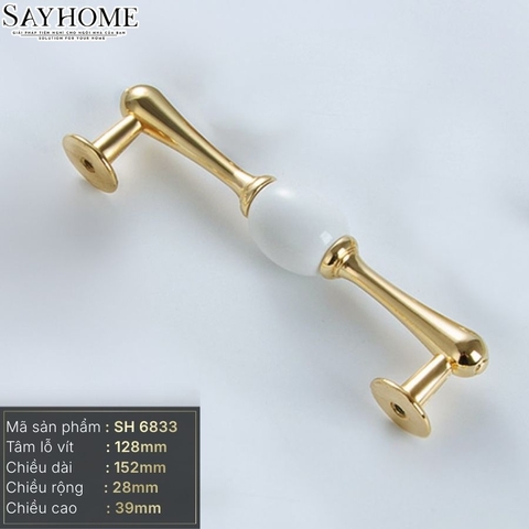 Tay nắm tủ tân cổ điển Vintage màu vàng gold mặt sứ trắng SH6833